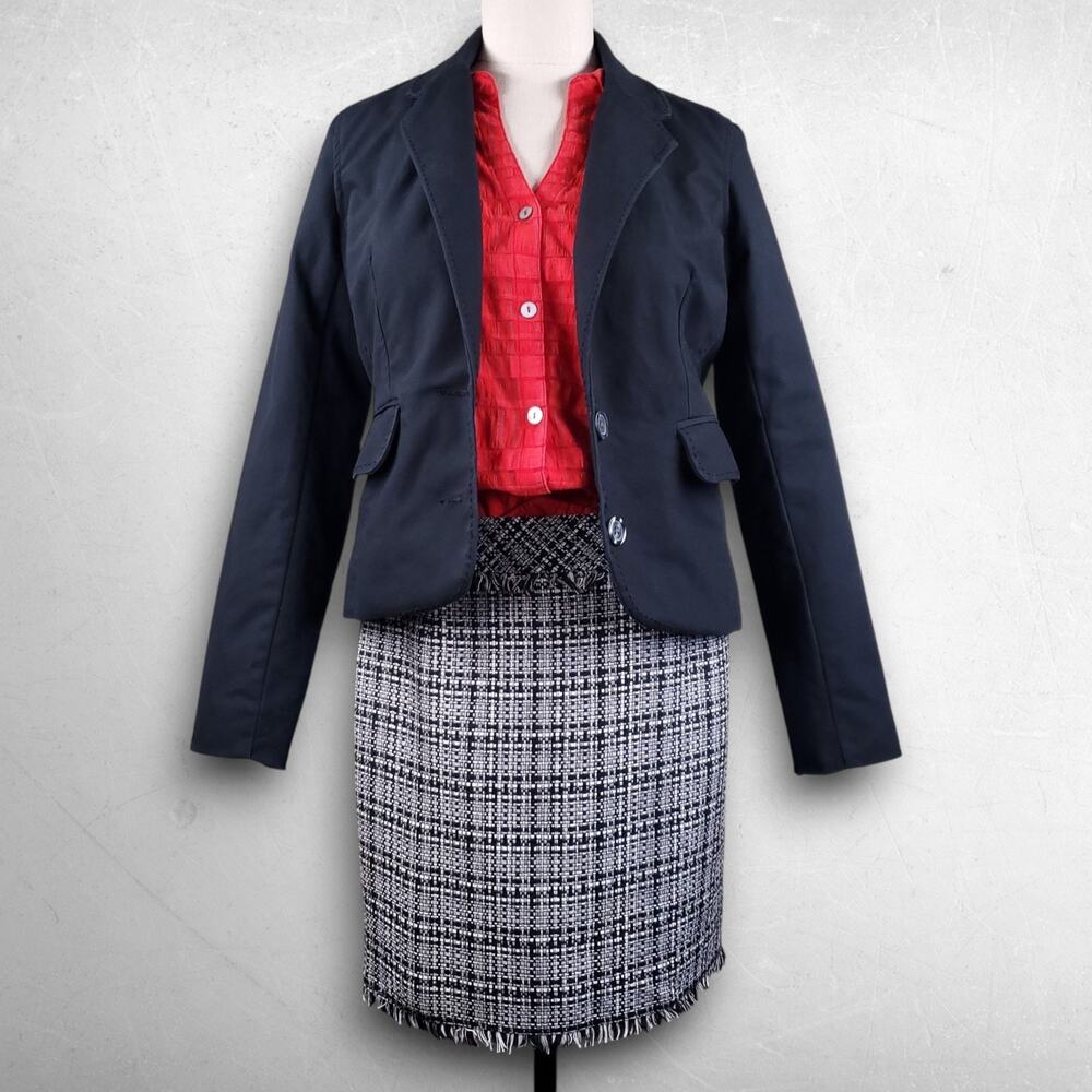 Trina Turk Antibes Fringe Trim Tweed Mini Skirt Women Size 2 B/W Plaid Office‎